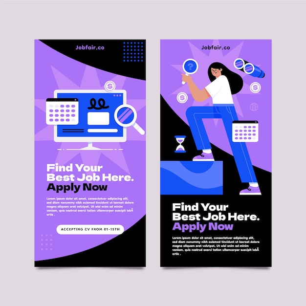 Flat job fair vertical banner template set collection with woman searching a vacant