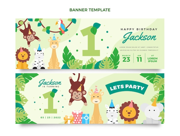 Flat jungle birthday party horizontal banners set