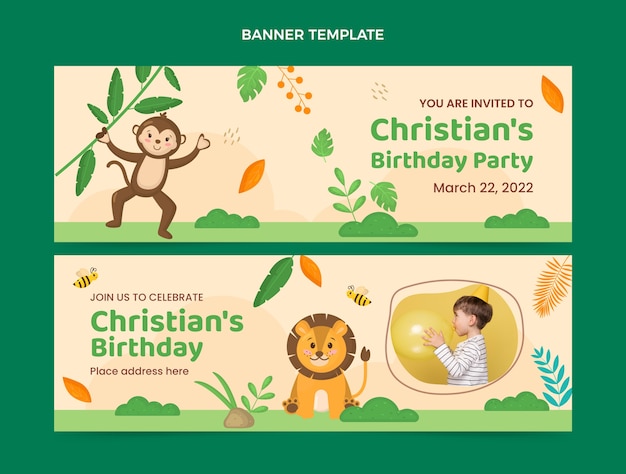 Vector flat jungle birthday party horizontal banners set