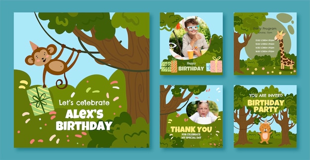 Vector flat jungle birthday party instagram posts collection