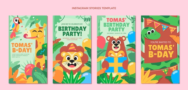 Vettore collezione di storie di instagram per feste di compleanno nella giungla piatta