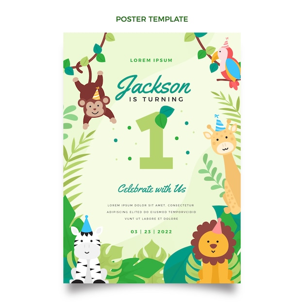 Flat jungle birthday party vertical poster template