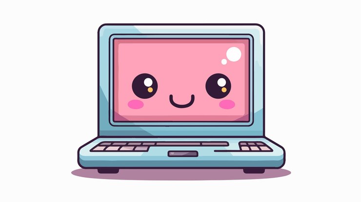 Vector 색 배경에 평평한 카와이 컴퓨터 아이콘 터