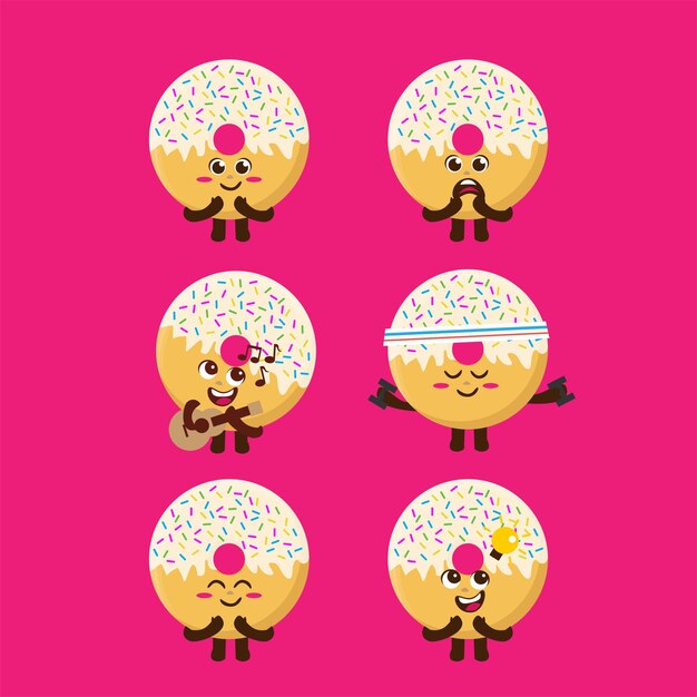 Flat kawaii cute vanilla sprinkle donut mascot character illustration set