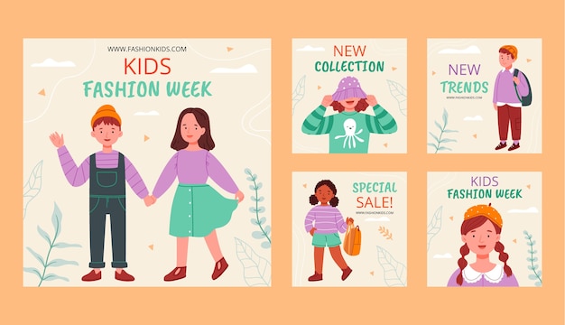 Vector flat kids instagram posts collection