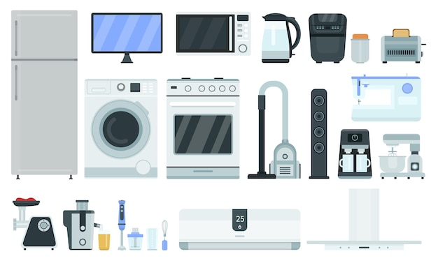 플랫 주방 전기 및 가전 제품, 홈 기술 항목. 냉장고 냉동고, TV, 오븐, 전자레인지, 컨디셔너 및 세탁기 벡터 세트. 주방 가정 용품의 그림