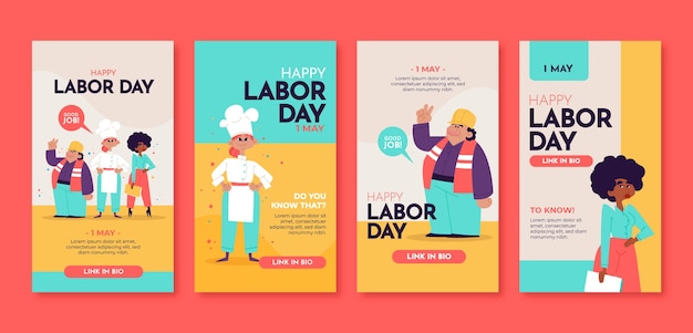 Collezione di storie di instagram per la festa del lavoro piatta