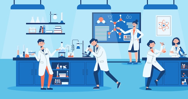 Vector flat laboratory composition five scientists are studying something and doing experiments in laboratory illustration