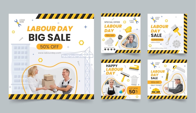 Vector flat labour day instagram post templates