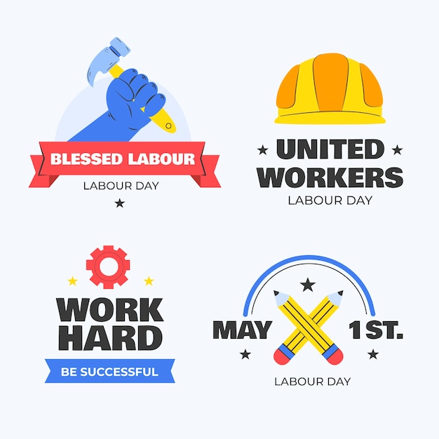 Vector flat labour day slogan stickers collection