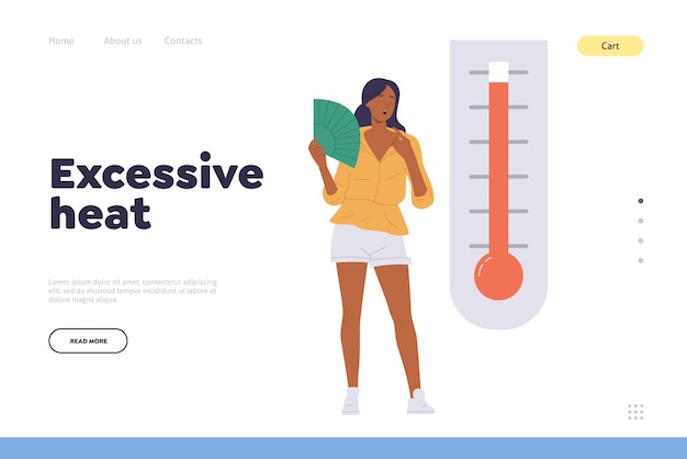 Vector flat landing page design website template offering tips and advice how to avoid excessive heat vector illustration of sweaty young woman character suffering from high temperature degree at home