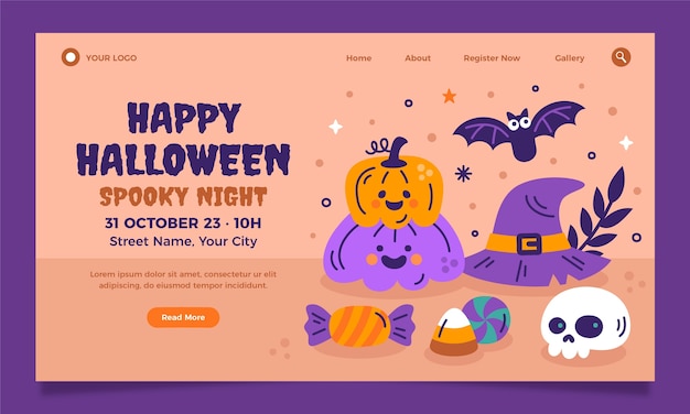 ベクトル ハロウィーンのお祝いのためのフラットなランディング ページ テンプレート