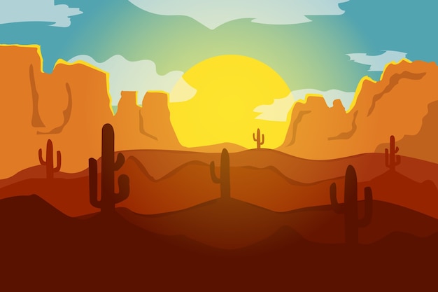 Vector flat landscape beautiful desert with cactus