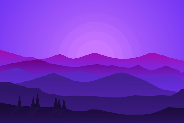 Vector flat landscape beautiful mountain nature at night with bright sunshine