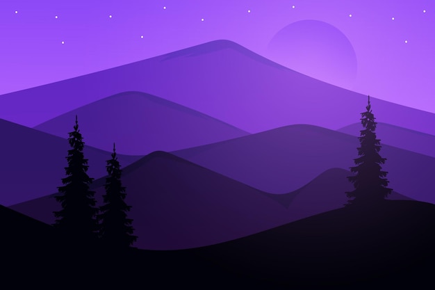 Vector flat landscape beautiful mountains on clear evenings