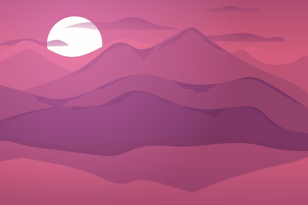 Vector flat landscape beautiful mountains on the lake at sunset