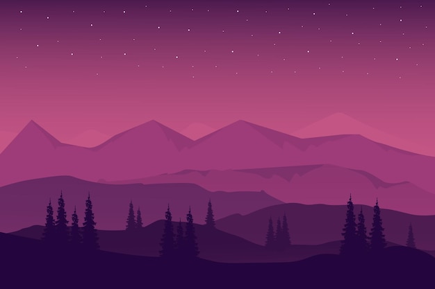 Vector flat landscape beautiful natural mountains in the night sky