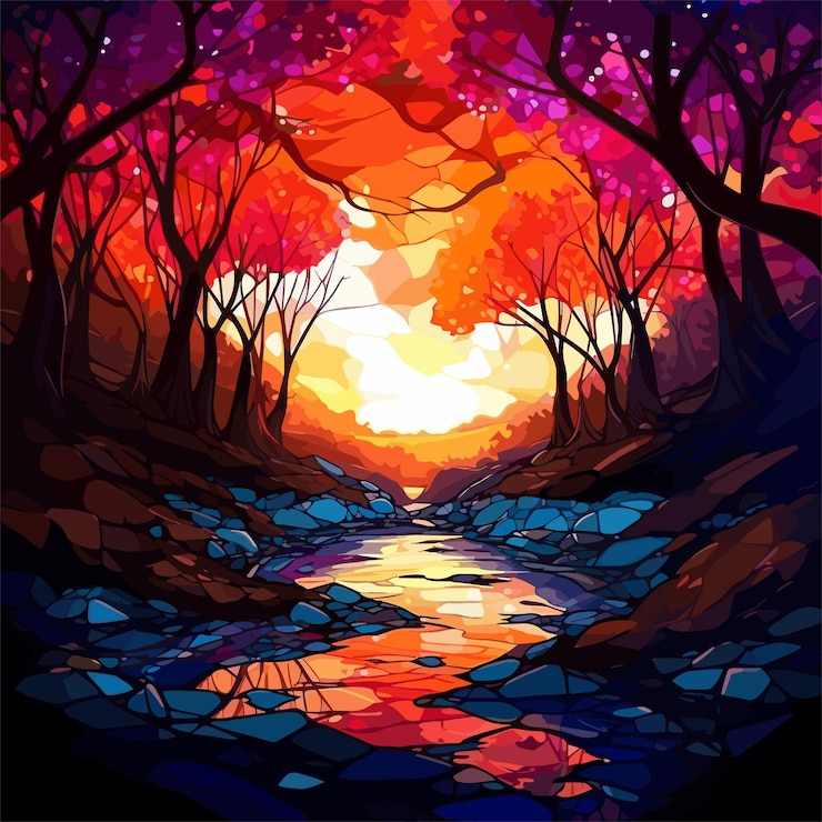 Vector flat landscape design stained glass background