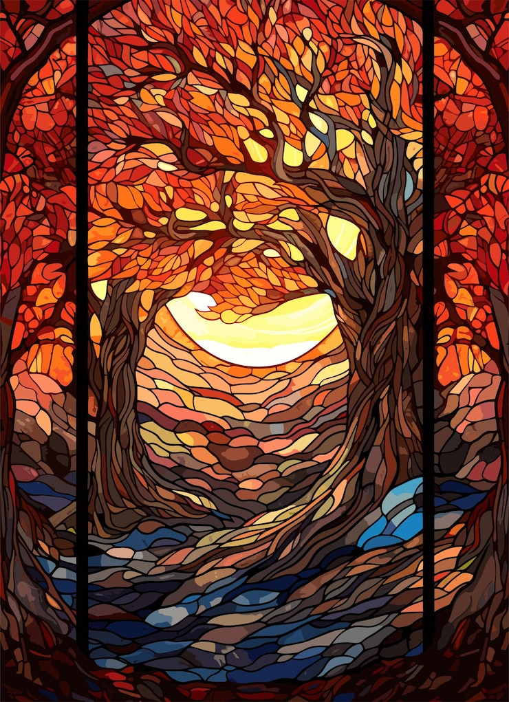 Vector flat landscape design stained glass background