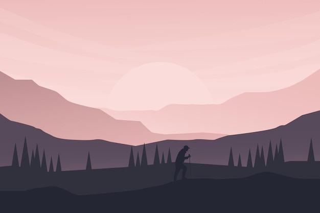 Vector flat landscape mountain climber's nature and bright light