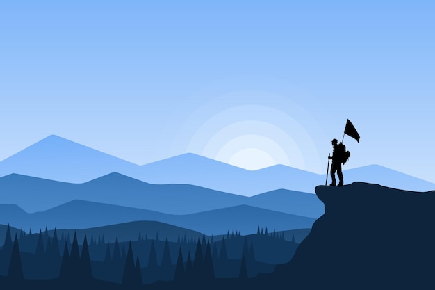 Flat landscape mountain climbers who are carrying the flag of a beautiful atmosphere