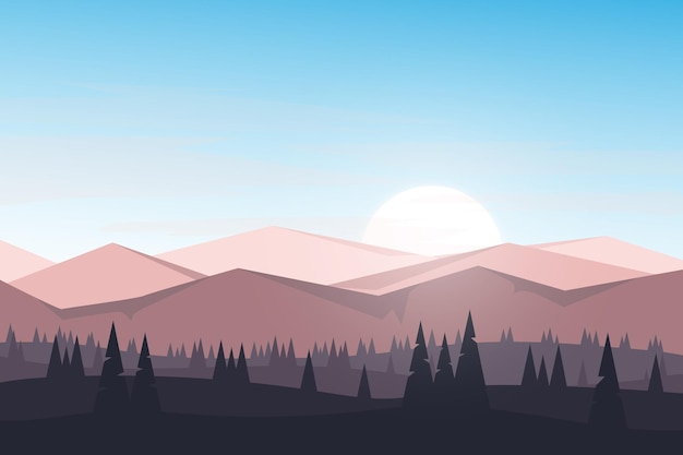 Vector flat landscape mountains in the morning a beautiful sunrise