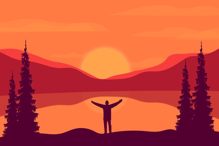 Vector flat landscape mountains there are beautiful lakes on sunny afternoons