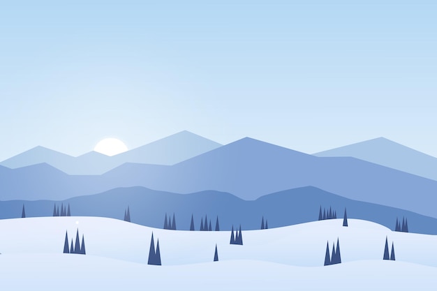 Vector flat landscape winter in the mountains and natural pine forests