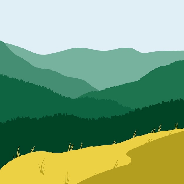 Flat landscape with green mountains and yellow grass field. Minimalistic trending landscape