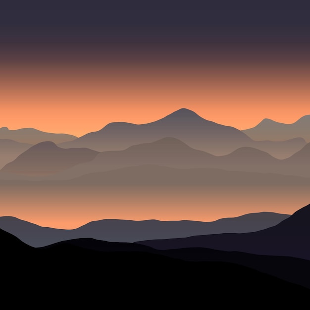 Flat landscape with hills and sunset sky in purple and orange shades. Minimalistic landscape