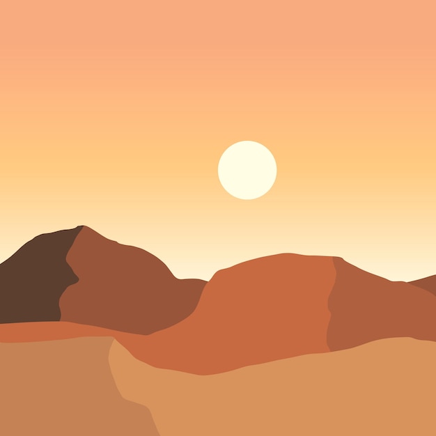 Плоский пейзаж с песчаными горами на фоне неба с солнцем. минималистичный трендовый пейзаж