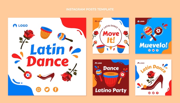 Vettore collezione di post di instagram per feste di ballo latino piatto