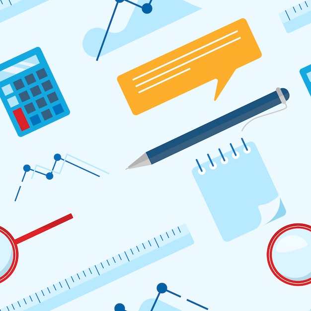 Vector flat lay business pattern with notepad, calculator, ruler, magnifier glass, ballpoint pen and chart