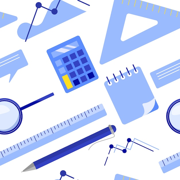 Vector flat lay business seamless pattern with notepad, calculator, ruler, magnifier glass, ballpoint pen, chart, graph.