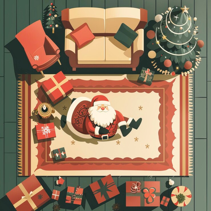 Vector flat lay illustration christmas theme with santa and tree