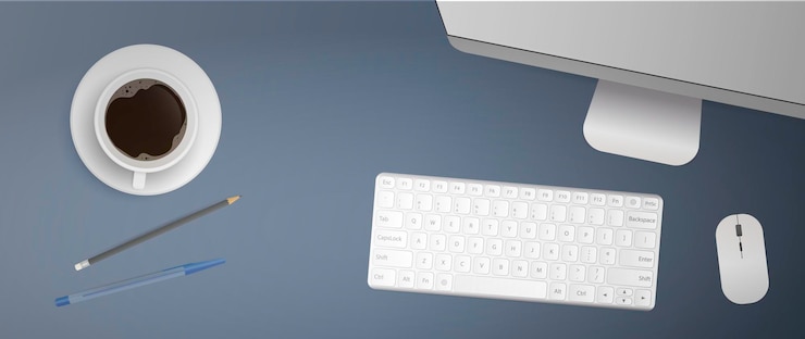 Vector flat lay of office workplace. desktop top. computer monitor, keyboard, computer mouse, cup of coffee, pen, pencil. realistic 
