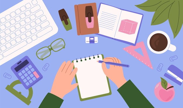 Flat lay of student workspace with stationery