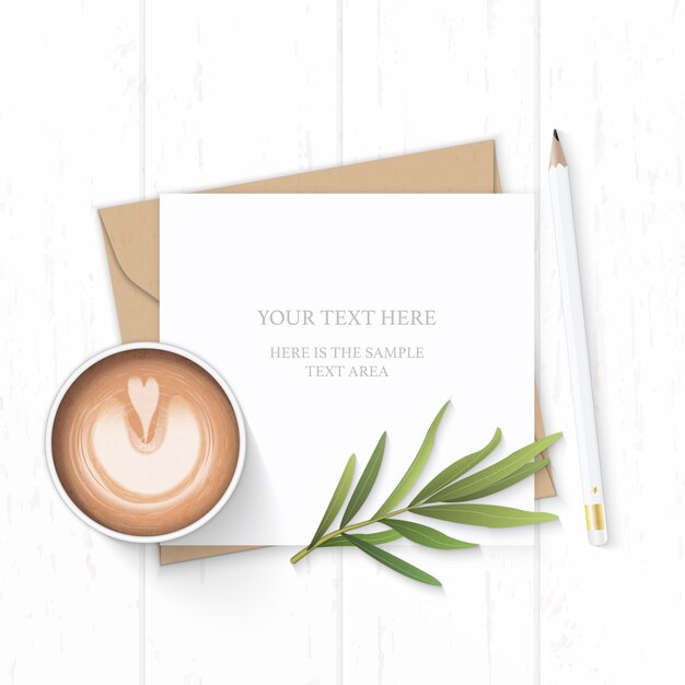 Flat lay top view elegant white composition letter kraft paper envelope nature tarragon leaf pencil and coffee on wooden background.