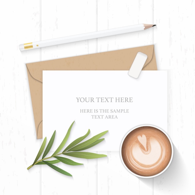 Flat lay top view elegant white composition letter kraft paper envelope pencil eraser tarragon leaf and coffee on wooden background.