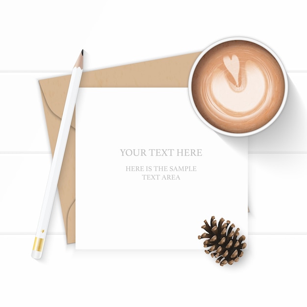 Flat lay top view elegant white composition letter kraft paper envelope pencil pine cone and coffee on wooden background.