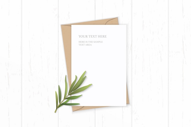 Flat lay top view elegant white composition letter kraft paper envelope tarragon leaf on wooden background.