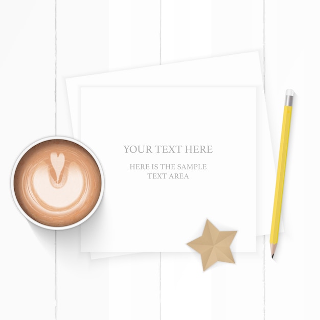 Flat lay top view elegant white composition paper coffee yellow pencil and star shape craft on wooden background.