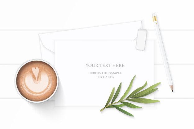 Vector flat lay top view elegant white composition paper envelope pencil eraser tarragon leaf and coffee on wooden background.