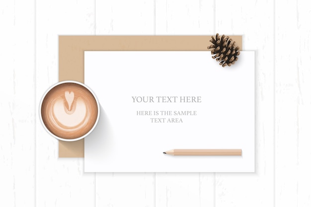 Vector flat lay top view elegant white composition paper kraft envelope pine cone coffee and pencil on wooden background.