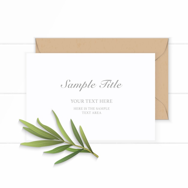 Vector flat lay top view elegant white composition paper kraft envelope tarragon leaf on wooden background.