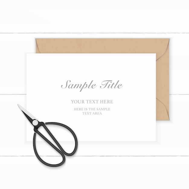 Flat lay top view elegant white composition paper kraft envelope and vintage metal scissors on wooden background.