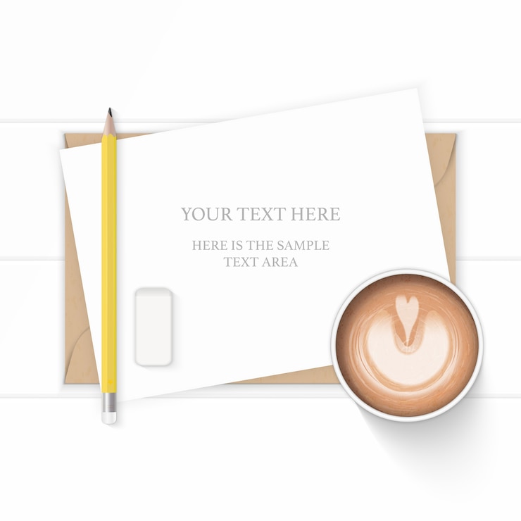 Vector flat lay top view elegant white composition paper kraft envelope yellow pencil coffee and eraser on wooden background.