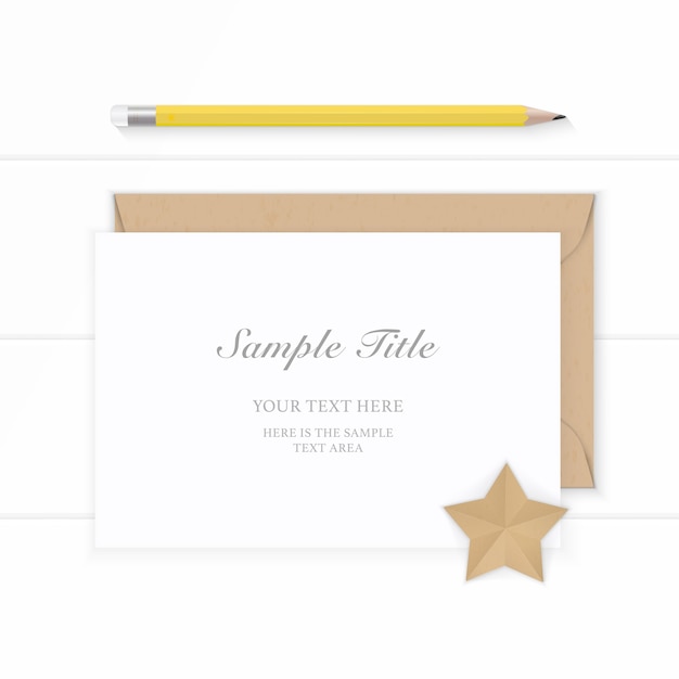 Flat lay top view elegant white composition paper kraft envelope and yellow pencil on wooden background.