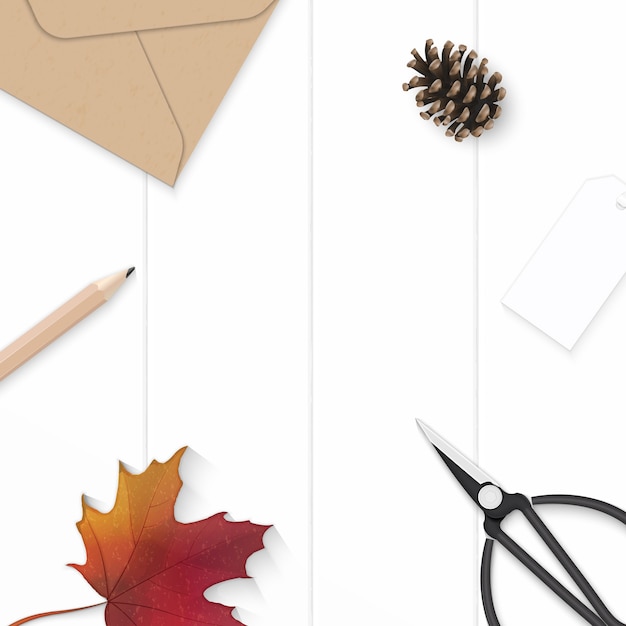 フラットレイトップビューエレガントな白い構成紙の葉花松ぼっくりクラフト封筒タグ秋のカエデの葉と木製の背景に金属はさみ。
