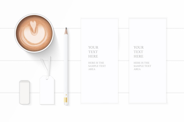 Flat lay top view elegant white composition paper pencil coffee tag eraser on wooden background.